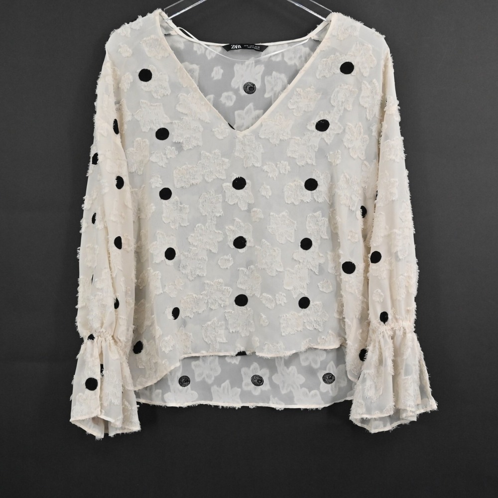 Zara Sheer Textured Top Womens Size S Ivory Black Polka Dot Floral Long Sleeve